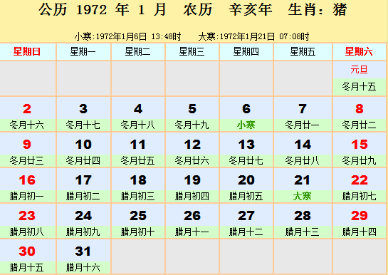 1972年农历阳历对照表 1972年阴阳历参照表