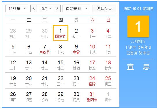 1987年农历阳历表 1987年阴阳历对照表